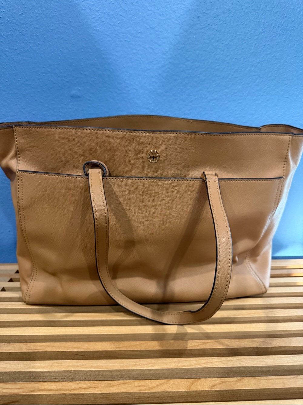 Tory Burch Camel Leather Tote with Front Slip Pocket